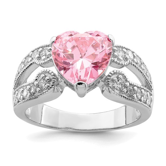 925 Sterling Silver Rhodium plated 10mm Clear CZ and Pink Heart CZ Ring - Picture 1 of 6